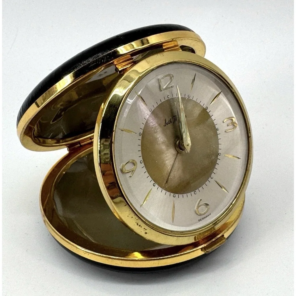 Vintage German Seth Thomas Travel Clock Gold Black Small Works!!